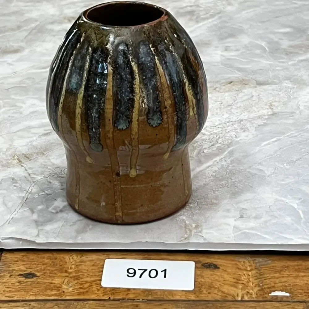 Studio Art Pottery Vase Brown Multicolor Drip Glaze Sculptural Form 5” Signed